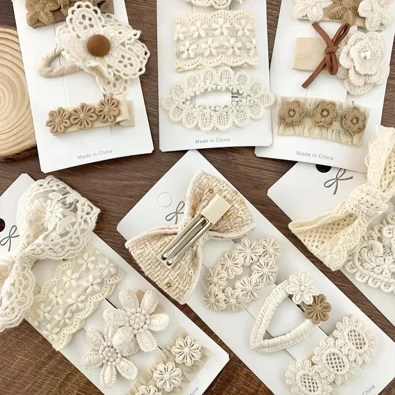 4Pcs Kids Fabric Lace Flower Barrettes Baby Princess Hair Accessories Newborn White Hairpins Bow Hairclips Girls Birthday Gifts