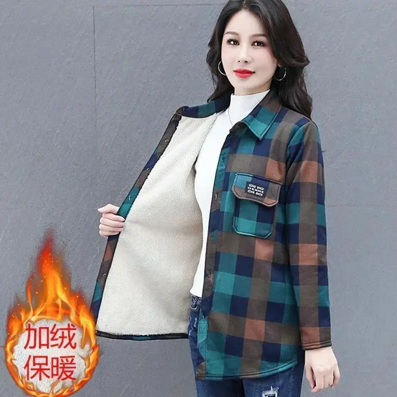 Autumn Winter Fashion Plus Velvet Harajuku Tops Women Loose Casual All Match Outerwear Lattice Shirt Long Sleeve Button Blusa