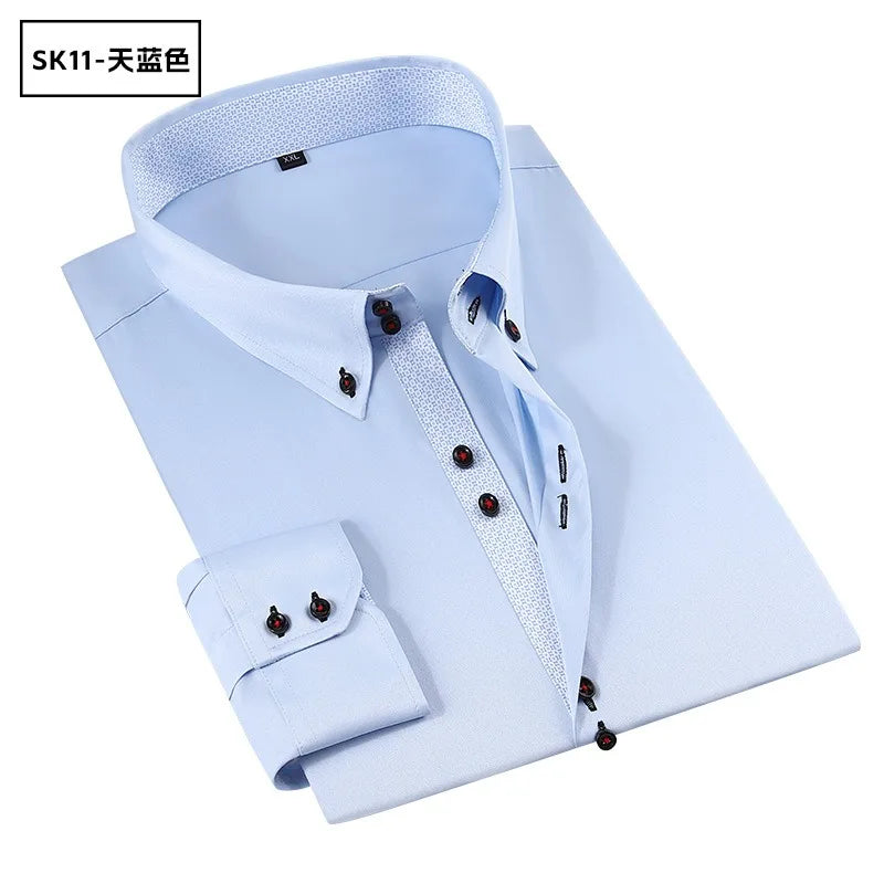 Men's Solid Color Patchwork Long Sleeve Shirt Business Casual Slim Fit Button Tops