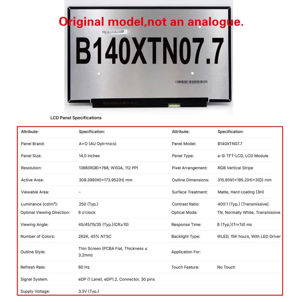 Original New A+ 14 inch Slim Laptop Lcd Screen Panel NV140FHM N41 V8.0 B140XTN07.9 B140XTN07.1 B140XTN07.7 B140XTN07.6