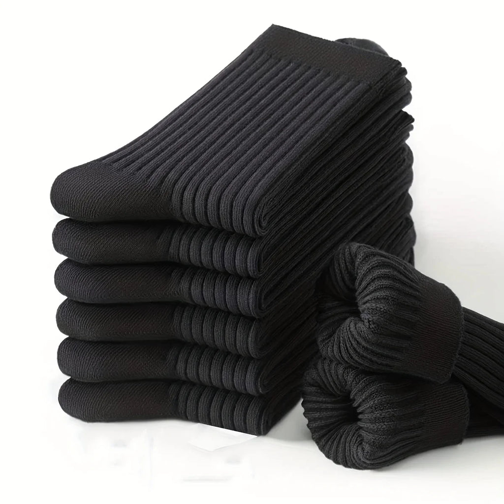 6 Pairs of Men's Pure Color Vertical Pattern Mid-Calf Socks, Versatile Black Socks for Business All Seasons, Breathable