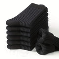 6 Pairs of Men's Pure Color Vertical Pattern Mid-Calf Socks, Versatile Black Socks for Business All Seasons, Breathable