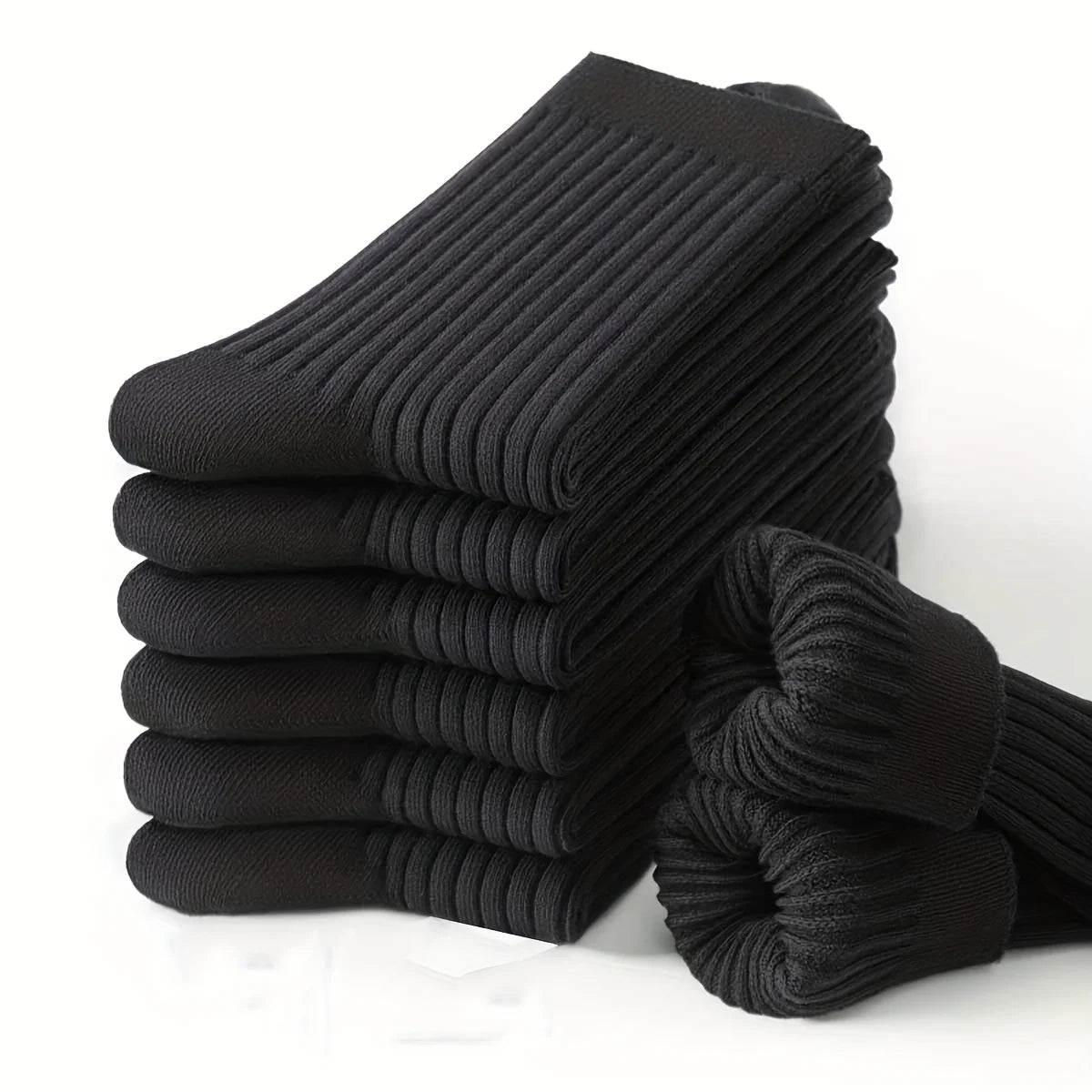 6 Pairs of Men's Pure Color Vertical Pattern Mid-Calf Socks, Versatile Black Socks for Business All Seasons, Breathable