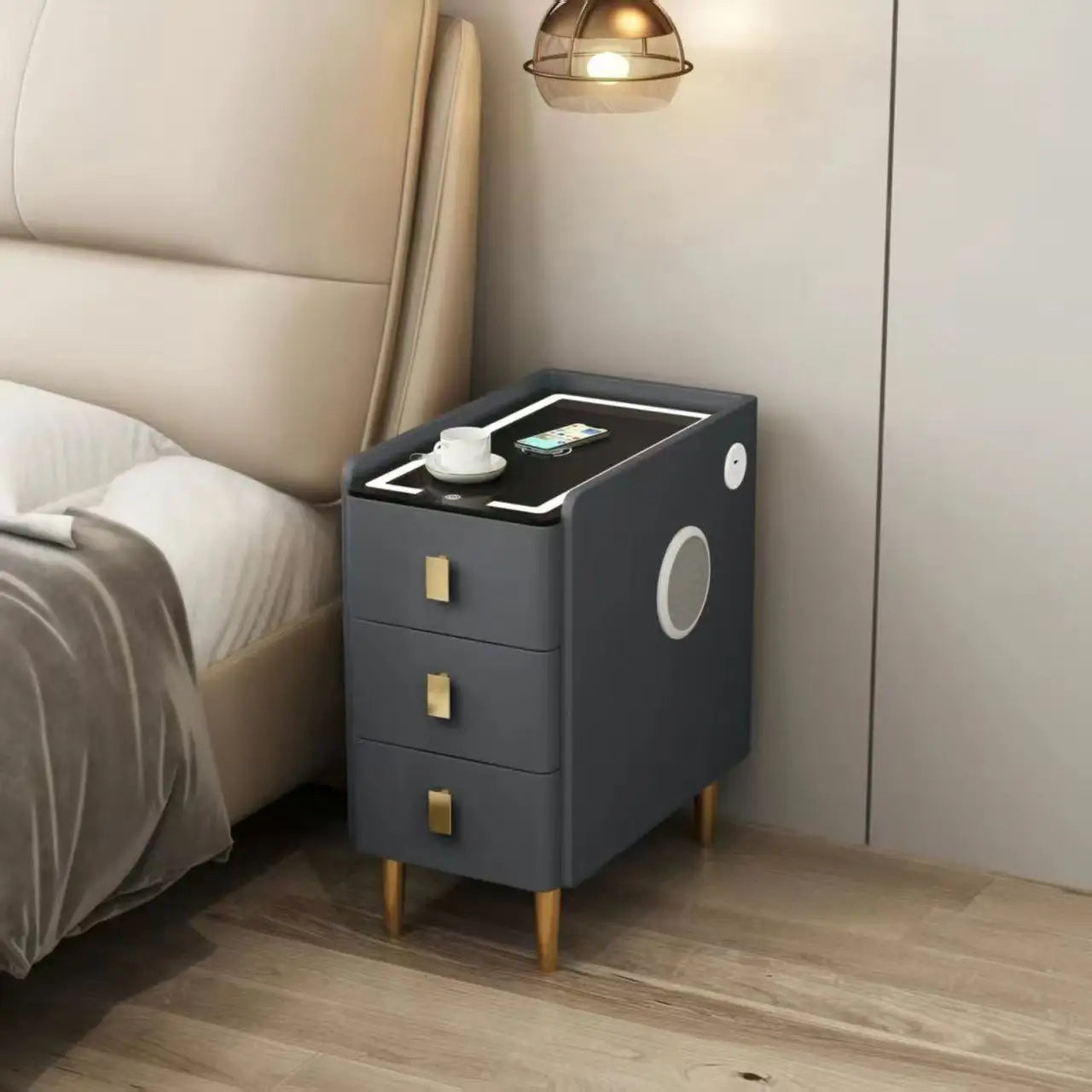 Nordic Style Intelligent Solid Wood Bedside Table Faux Leather 3 Drawers Nightstands with Wireless Charging Side Storage Cabinet