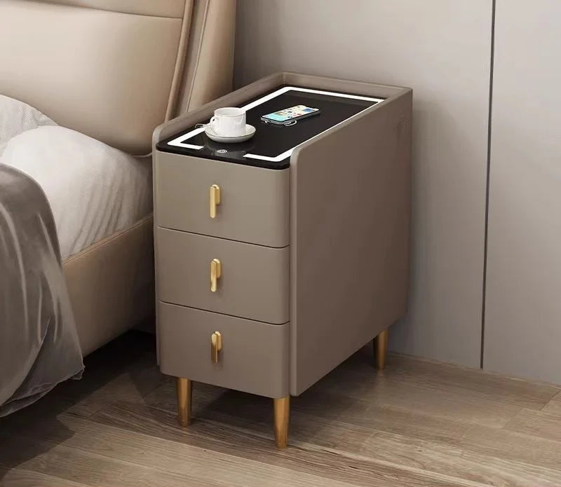 Nordic Style Intelligent Solid Wood Bedside Table Faux Leather 3 Drawers Nightstands with Wireless Charging Side Storage Cabinet