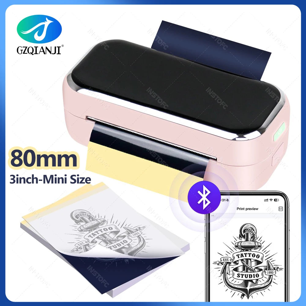 80mm Tattoo Stencil Printer Thermal Tattoo Printer with 3inch Transfer Paper Wireless Bluetooth Mini Portable Printer DIY Artist