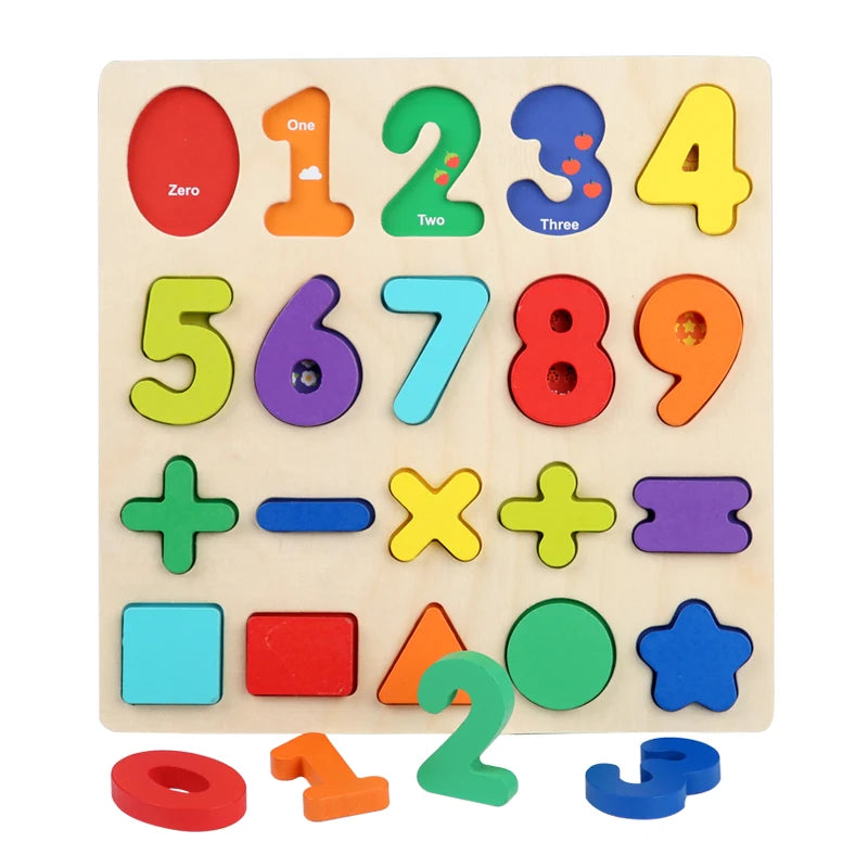 Montessori Wooden Puzzle for Children - Alphabetic Arithmetic Number Geometric Shapes Educational Game Toy for Preschool Learnin