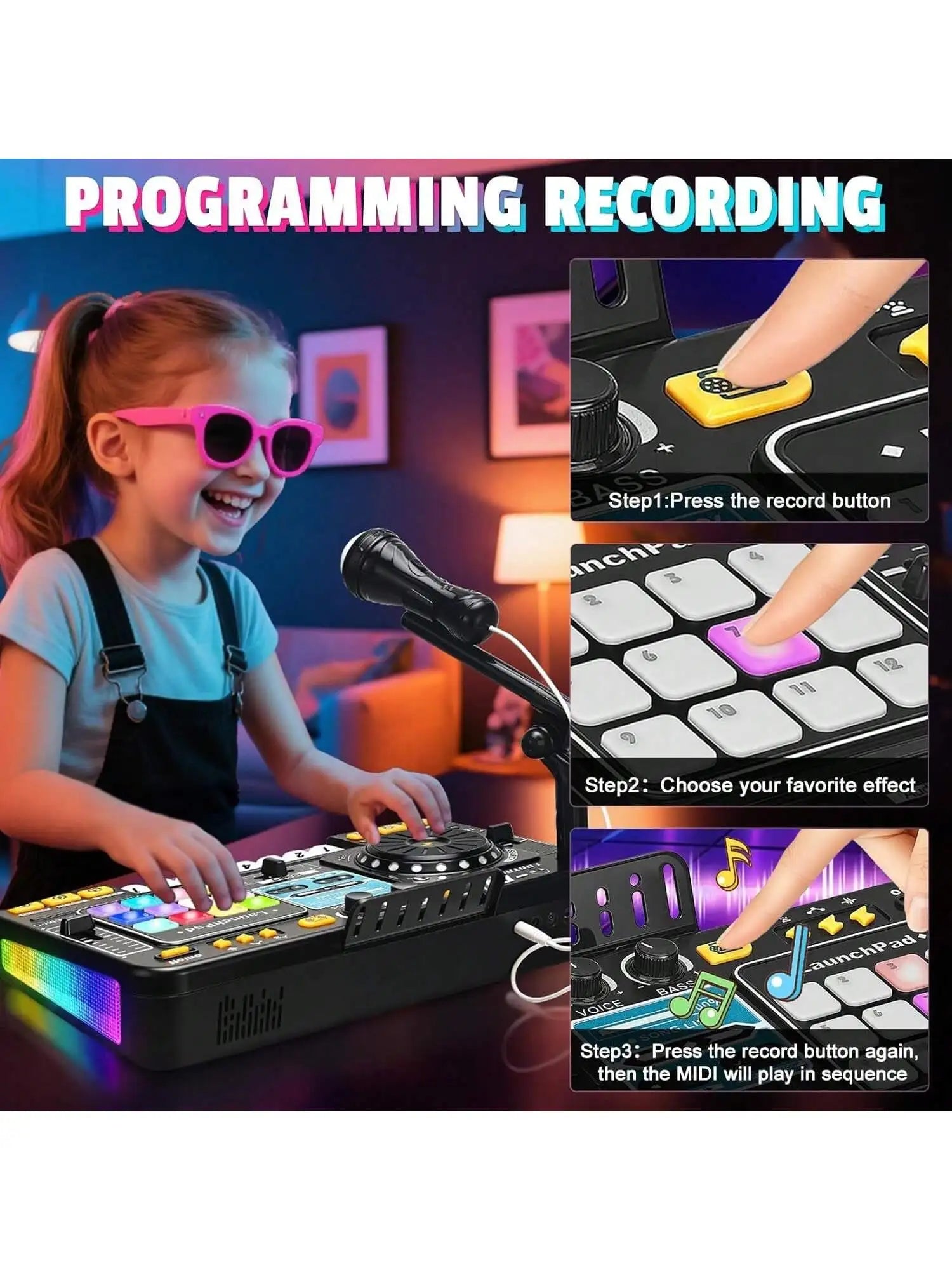DJ Mixer for Kids, Toddler DJ Mixing Table with DJ Turntable, Game Mode, Light & Speed Control and Microphone, Gifts for 3 4 5 6