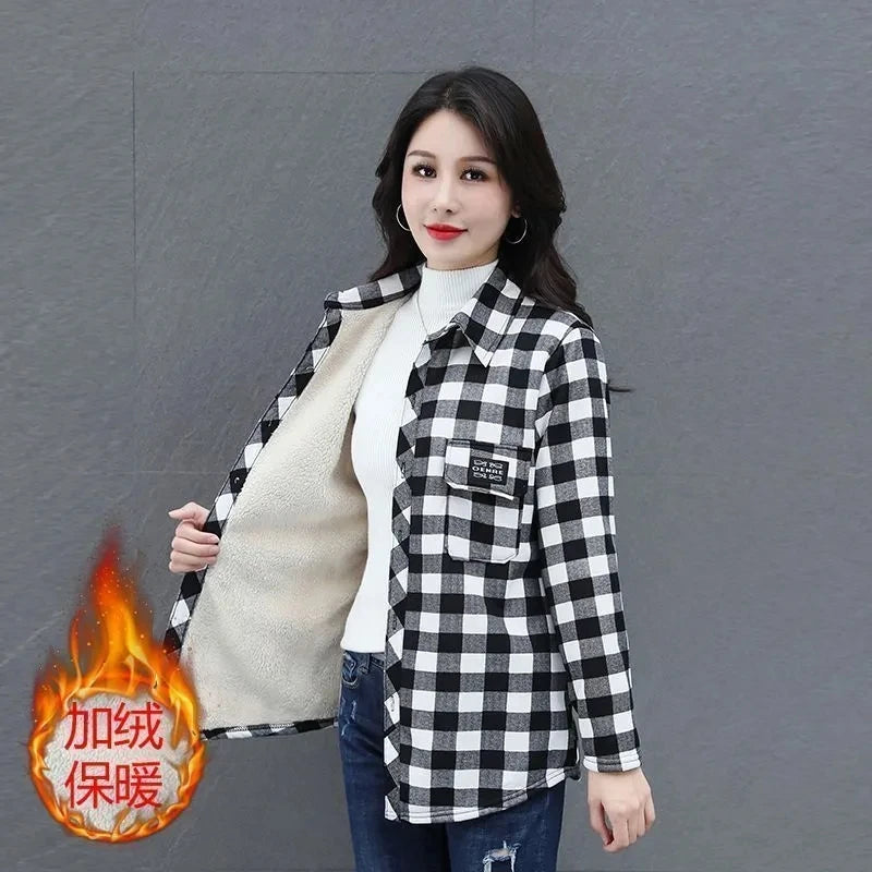 Middle Aged Women Shirt Tops Add Velvet Thicken Warm Plaid Shirt 2026 Spring Autumn Winter Casual Shirt Jacket Bottoming Shirt