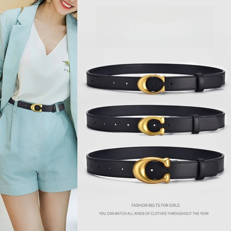 Ladies' belts are fashionable and versatile. Jeans are decorated with belts. Women's ins style black cowhide belts simple style