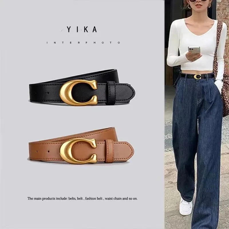 Ladies' belts are fashionable and versatile. Jeans are decorated with belts. Women's ins style black cowhide belts simple style