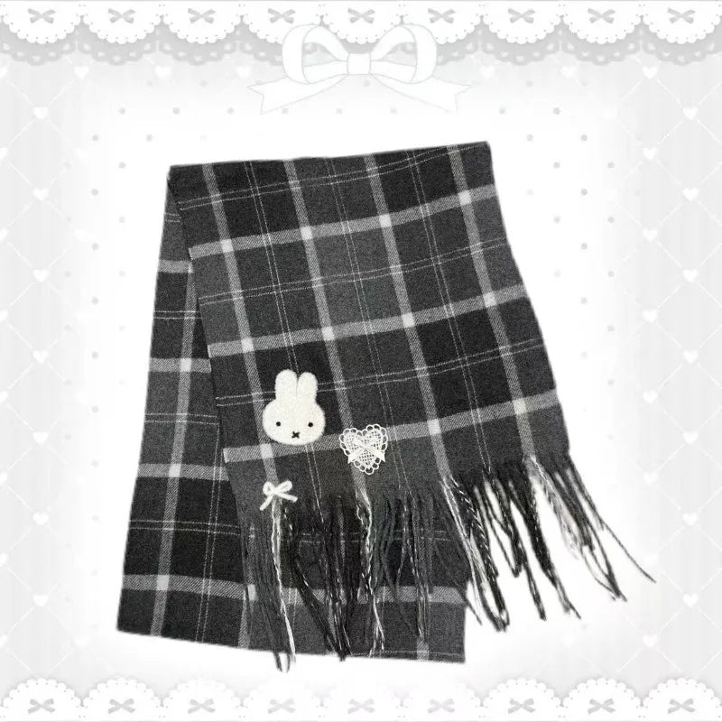 Miffy Black Checkered Scarf Autumn Winter Warm Versatile Cute Scarf for Women Girl Fashion Cotton Stoles Scarf Christmas Gifts