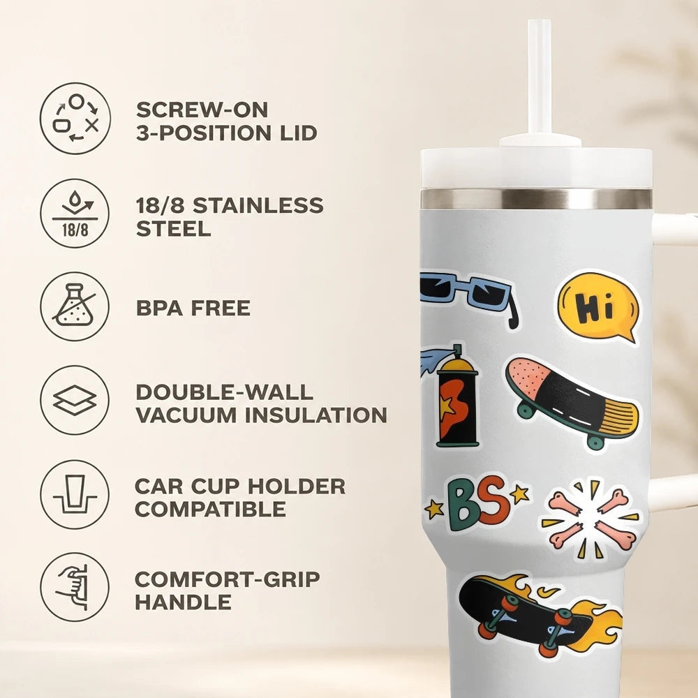 skateboard badges Vacuum Flasks 40oz Stainless Steel Insulated Tumbler with Handle Straw Leakproof Cup Daily Travel Mug