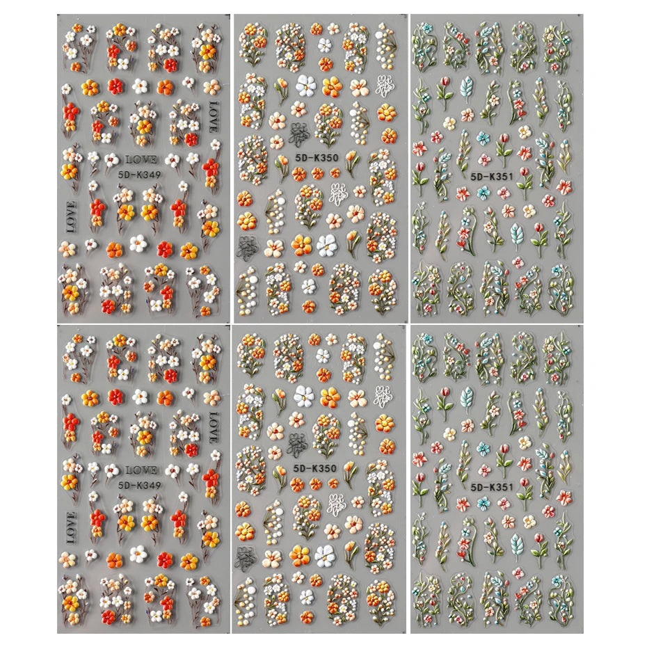 5D Daisy Embossed Nail Stickers Spring Fresh Floral Designs Acrylic Five-Petal Flower Self-Adhesive Nail Art Decals Decorations