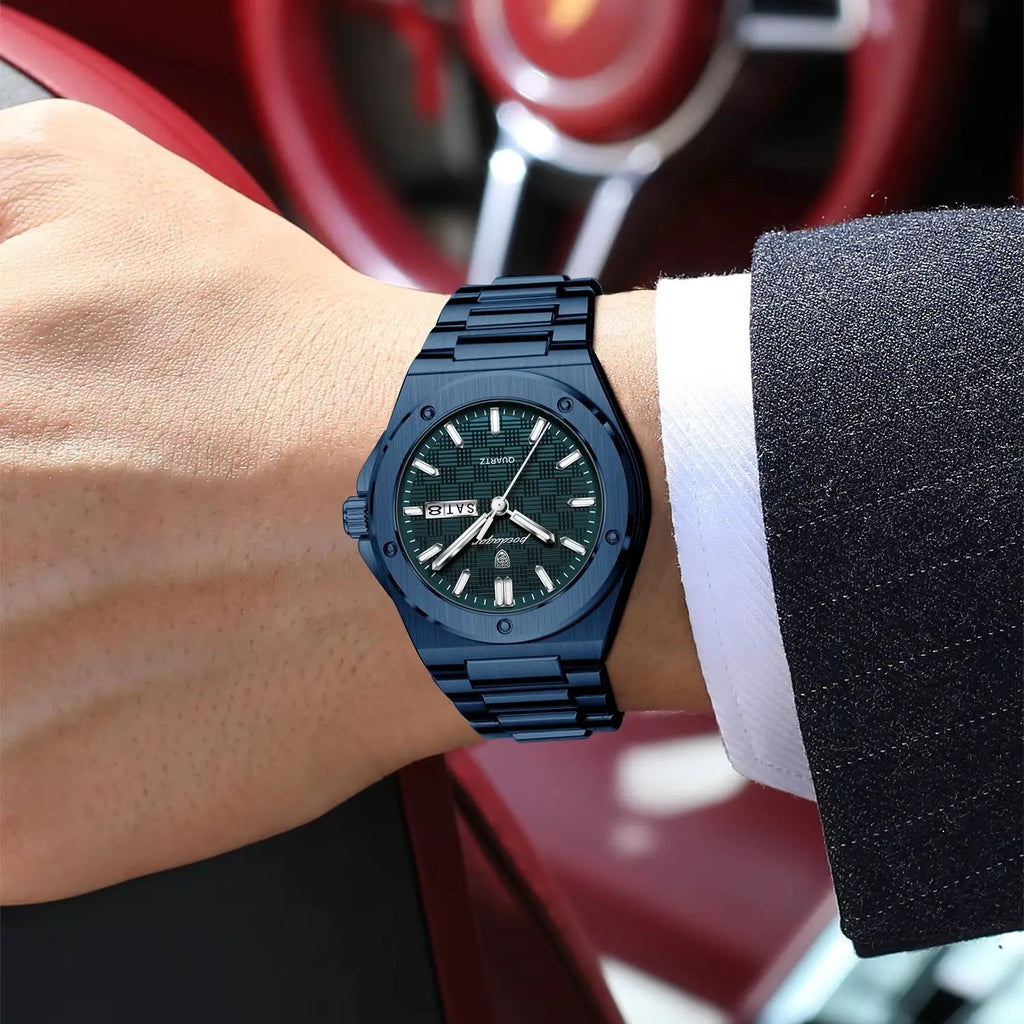 POEDAGAR Business Quartz Men's Clock Date Week Waterproof Luminous Sport Male Watch Stainless Steel Casual Watches For Man Reloj