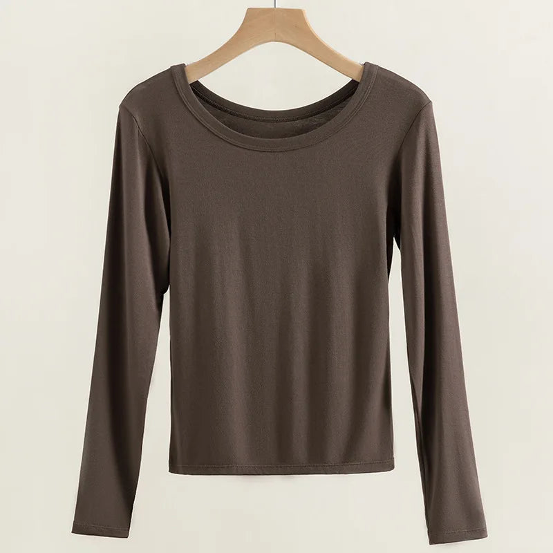 1pcs Plain T Shirt Womens Elastic Basic T-shirts Females Casual Slimming Tops Long Sleeve Sexy Thin T-Shirt Lady Warm Underwears