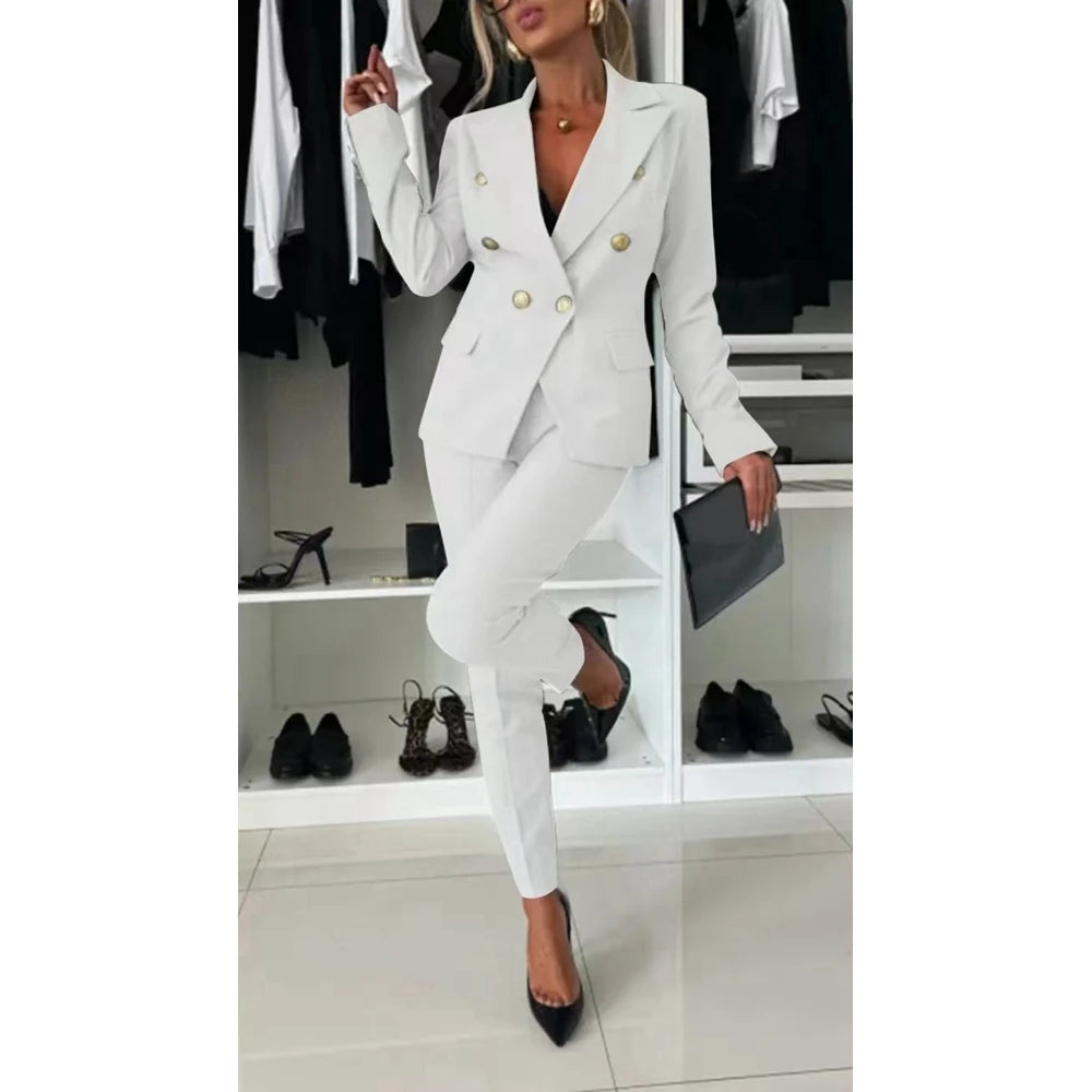 Women Casual Plain Blazer Coat & Work Pants Set Formal Solid OL Style 2 Pieces Set Bussiness Office Lady Suit Sets Workwear