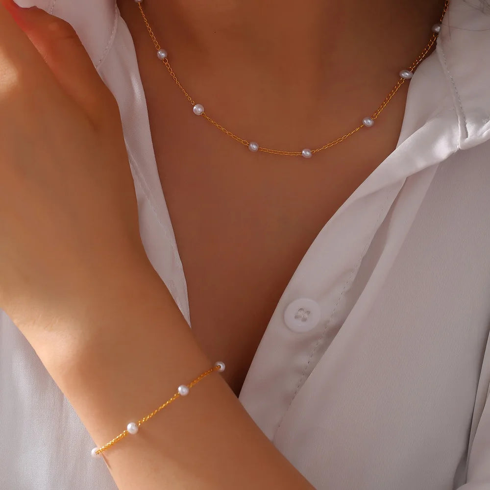 CARLIDANA Hot Selling High Quality Pearl Chain Stainless Steel Gold Plated Beaded Necklace Bracelet Set Jewelry for Women