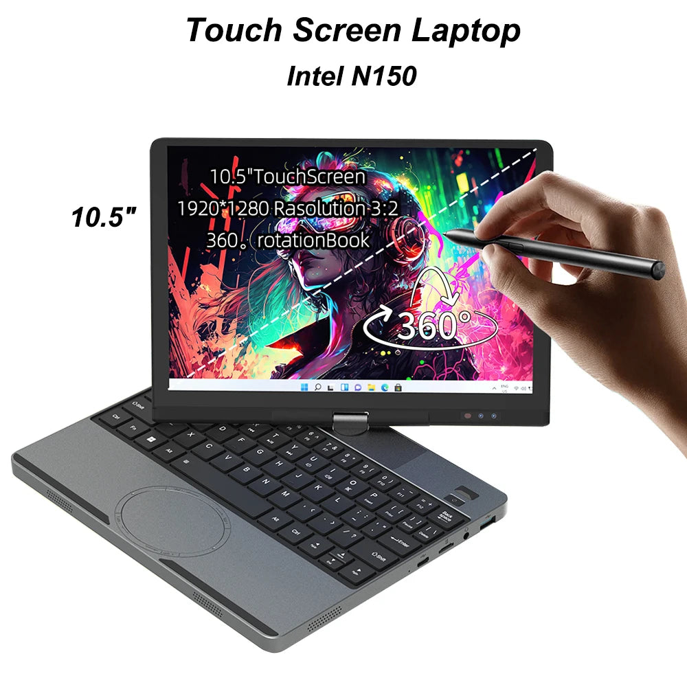 10.5Inch Touch Screen Laptop Intel N150 16GB DDR4 1TB SSD Portable Mini Office Notebook PC Full-function Type-C Port