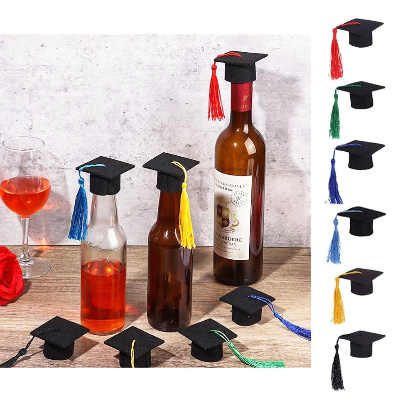 10PCS Mini Graduation Hat Doctoral Cap Costume Top Hat With Tassels DIY Plush Doll Decor Wine Bottle Decoration