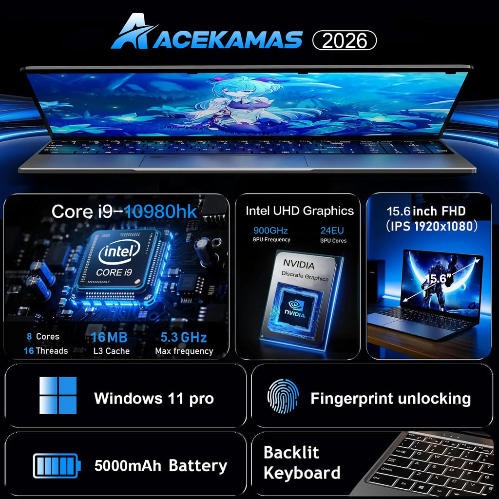 ACEKAMAS 15.6" Laptop Computer Intel Core i9 10980HK Windows 11 Pro Notebook Gamer 16GB RAM 1TB SSD IPS 1920*1080 Gaming Laptops