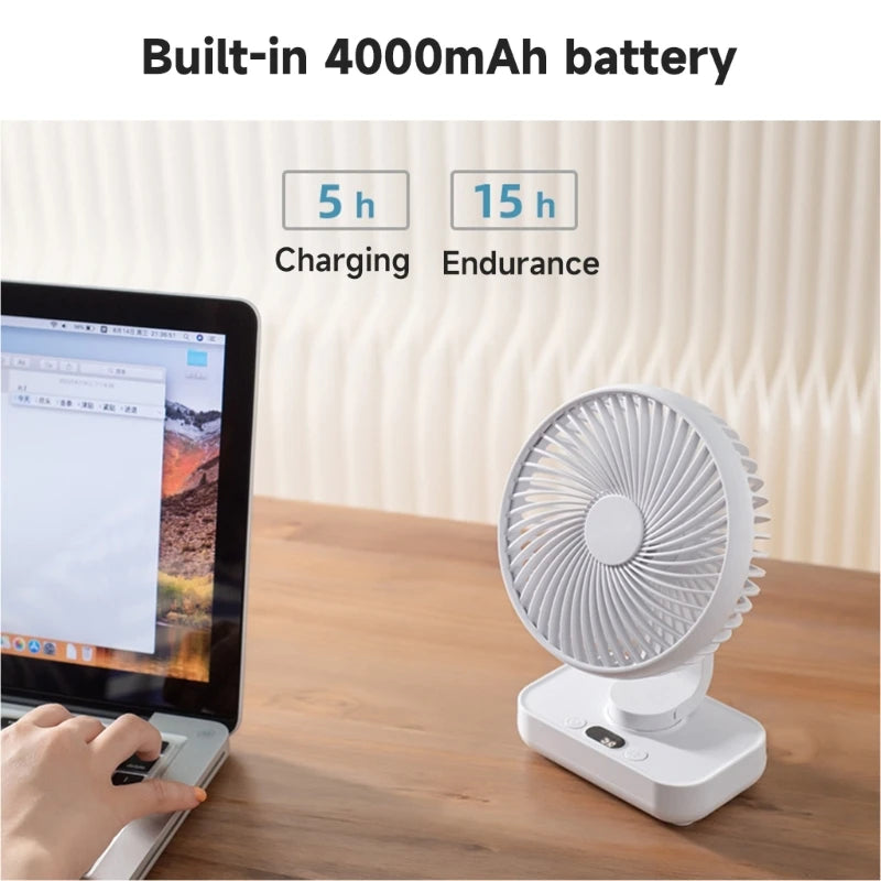 Oscillating Desk Fan with 4000mAh Battery Rechargeable Multidirectional for Home Office Library Travel Camping Outdoor