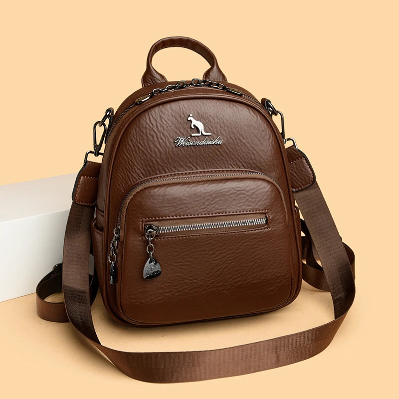 Leather Double Shoulder Bag Casual Travel  Fashion Korean Style Soft Leather Top Layer Cowhide Backpack Versatile Travel Bag