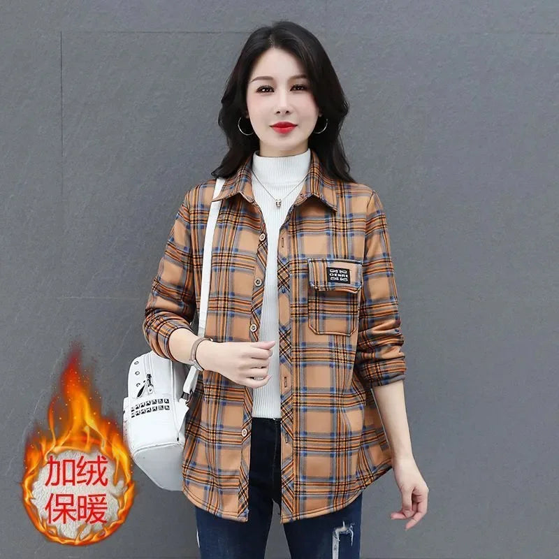 Keep Warm Add Velvet Shirt For Women 2026 New Spring Autumn Winter Fashion Versatile Grid Shirt Jacket Female Blouse Top