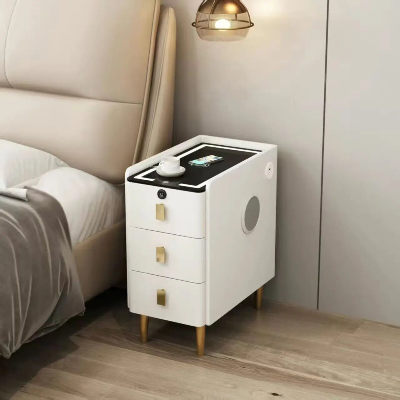 Nordic Style Intelligent Solid Wood Bedside Table Faux Leather 3 Drawers Nightstands with Wireless Charging Side Storage Cabinet
