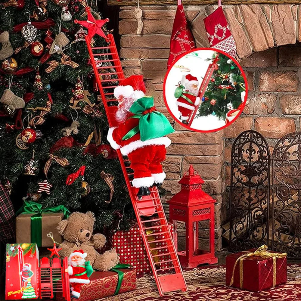 Electric Climbing Ladder Santa Claus Doll with Music, Christmas Tree Hanging Ornament, 2026 New Year Home Decor, Kids Xmas Gift