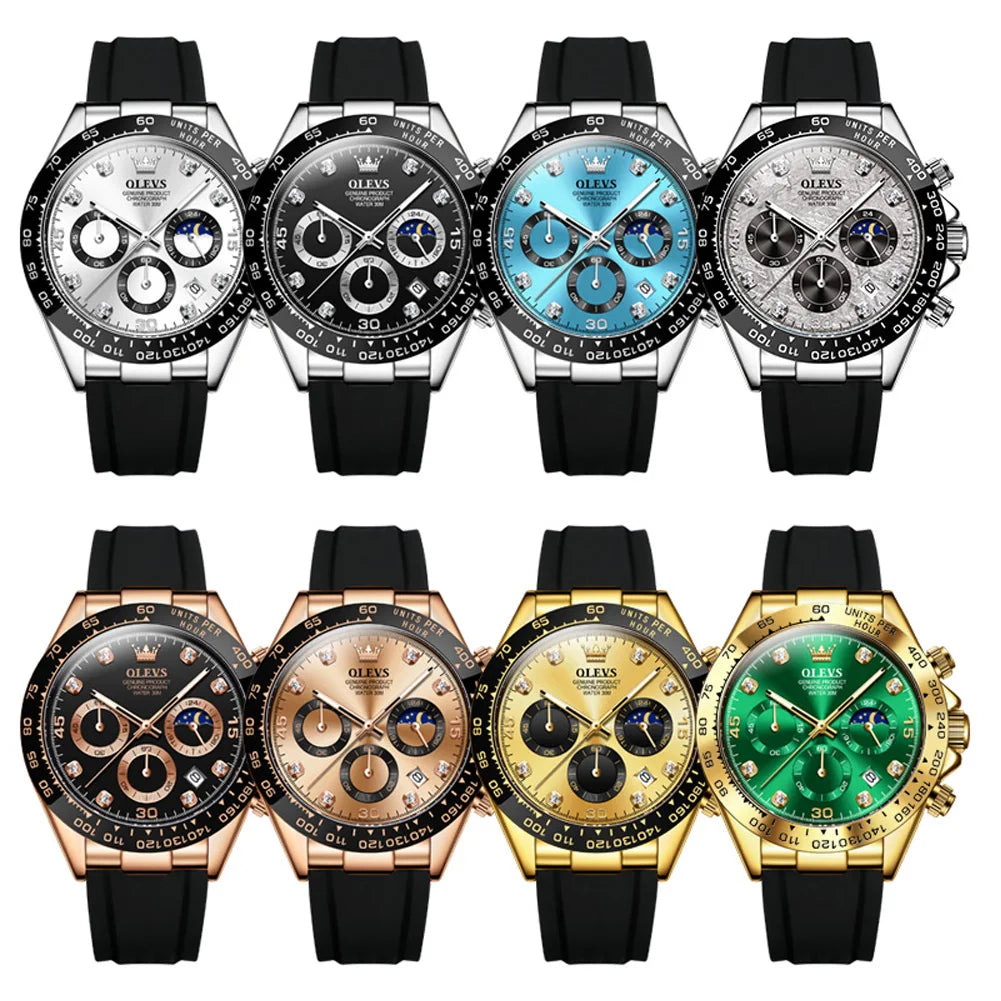 OLEVS 2875 Men Watch Original Fashion Brand Quartz Waterproof Luminous Watch For Man Three Small Dial Sport Moon Phase Watch