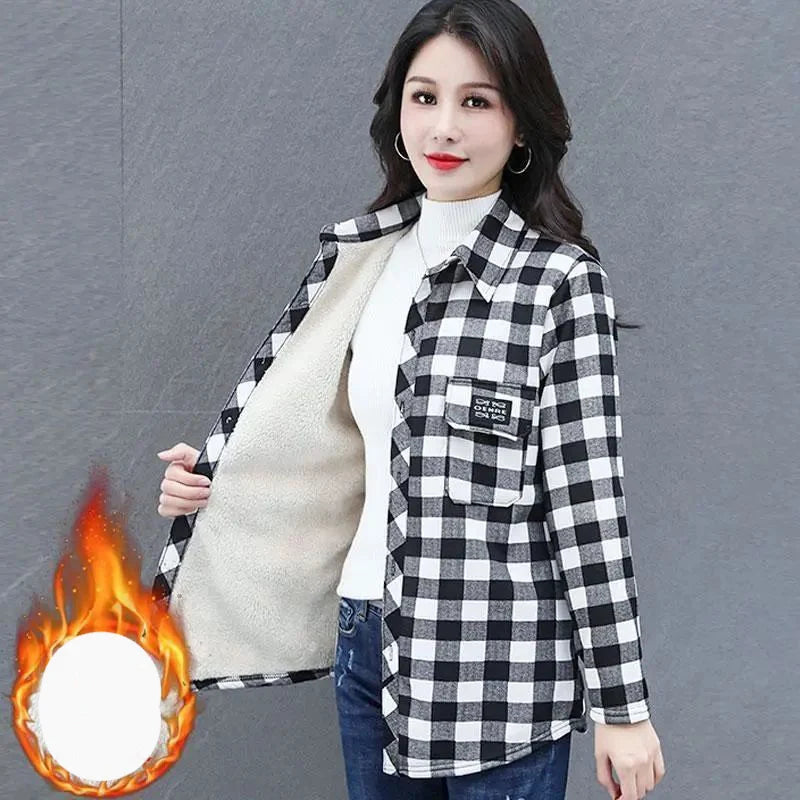 Autumn Winter Fashion Plus Velvet Harajuku Tops Women Loose Casual All Match Outerwear Lattice Shirt Long Sleeve Button Blusa