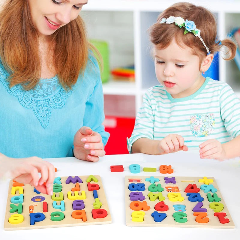 Montessori Wooden Puzzle for Children - Alphabetic Arithmetic Number Geometric Shapes Educational Game Toy for Preschool Learnin