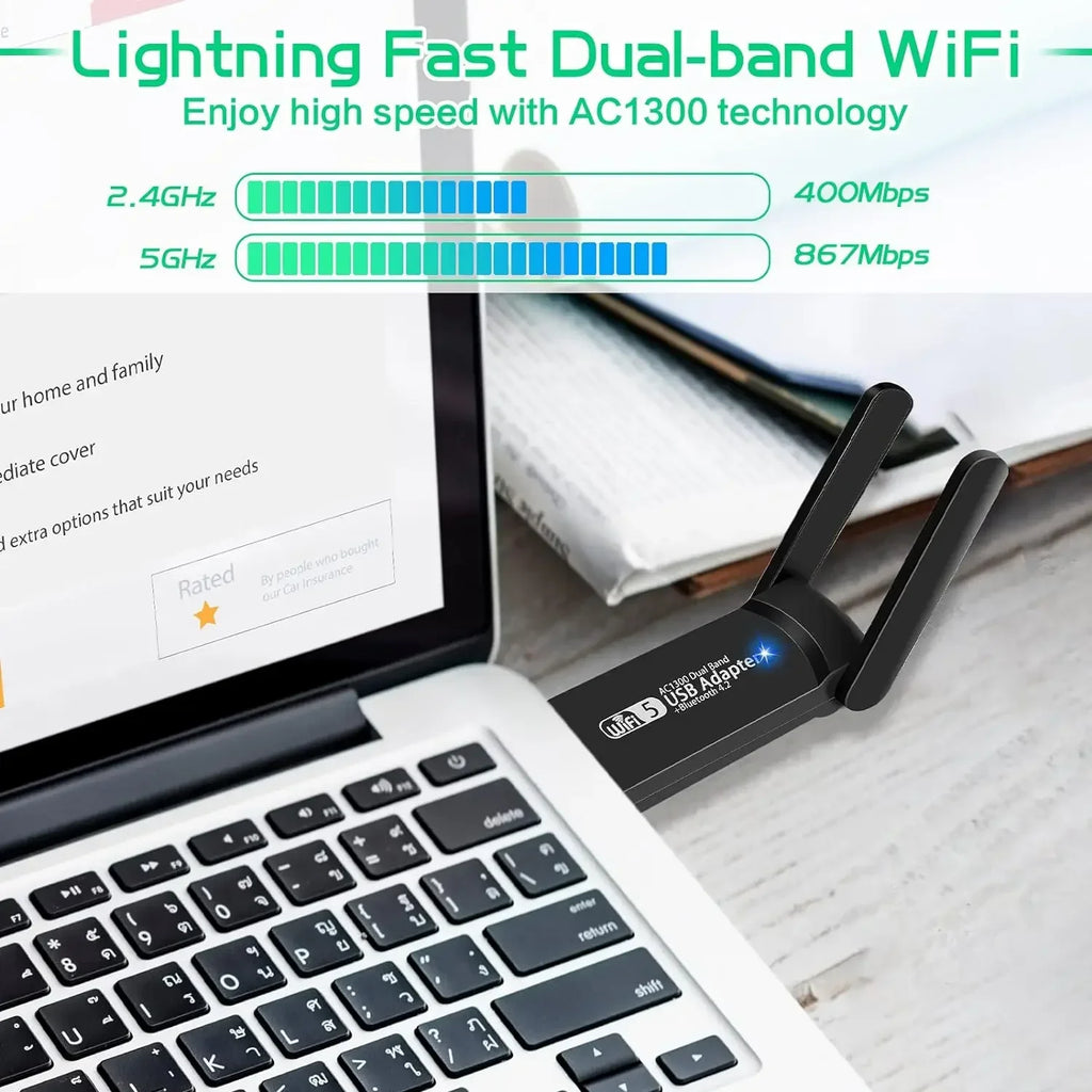 1300Mbps USB WiFi Bluetooth Adapter Dual Band 2.4/5Ghz Wireless Network External Receiver Mini WiFi Dongle for PC/Laptop/Desktop