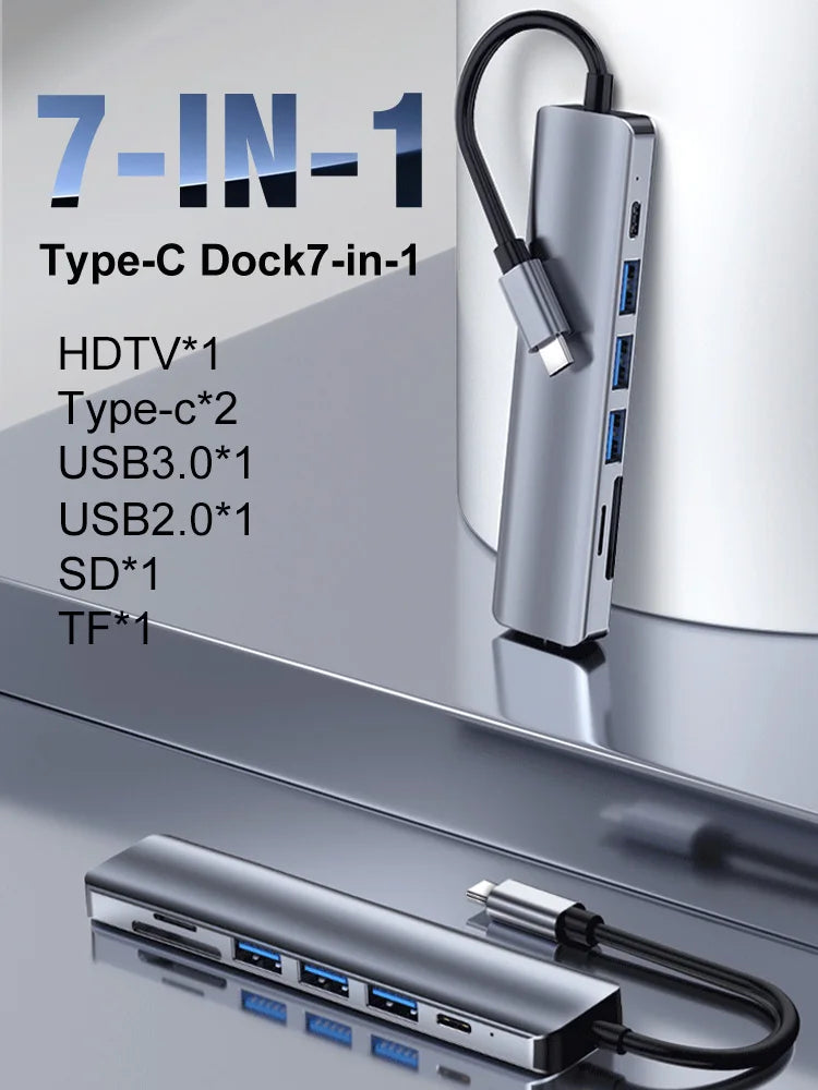 7-in-1 USB C Hub, 4K HDMI USB 3.0 Docking Station, 87W PD Charging, SD/TF Card Reader, Compatible for Laptop, Tablet, Phone