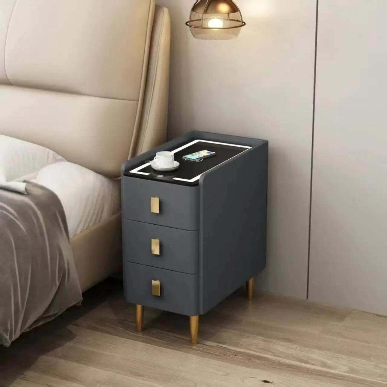 Nordic Style Intelligent Solid Wood Bedside Table Faux Leather 3 Drawers Nightstands with Wireless Charging Side Storage Cabinet