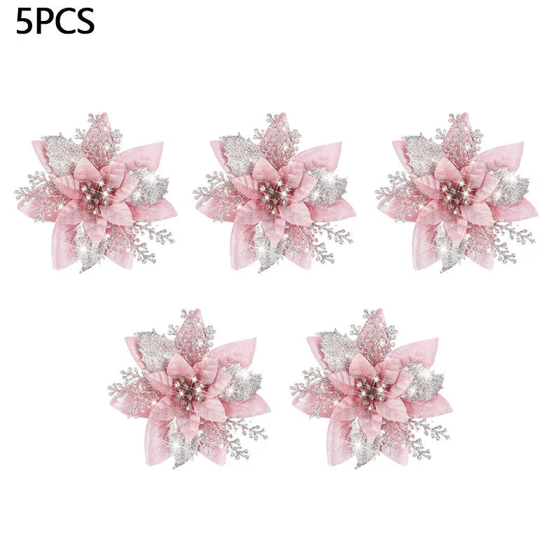 Glitter Artifical Christmas Flowers Mreey Christmas Tree Decoration Happy New Year Ornaments Xmas Fake Flowers Natal