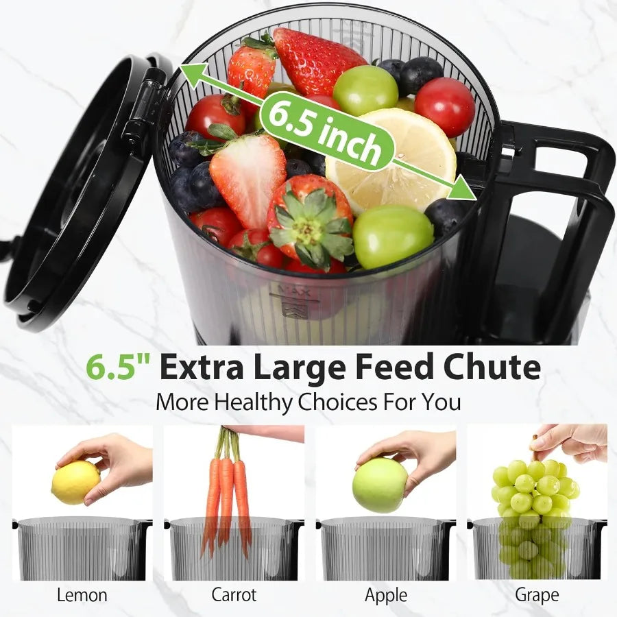 Cold Press Juicer with 6.5Inch Extra Large Feed Chute for Efficient Juice Extraction from Whole Vegetables and Fruits HandsFree