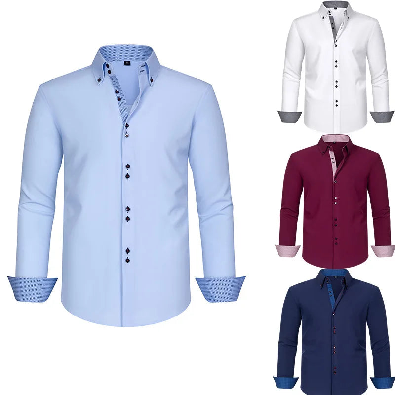 Long Sleeve Casual Shirt For Man Solid Color Patchwork Collar Chic Elegant Double Breasted Men Top Clothing Fashion Streetwear