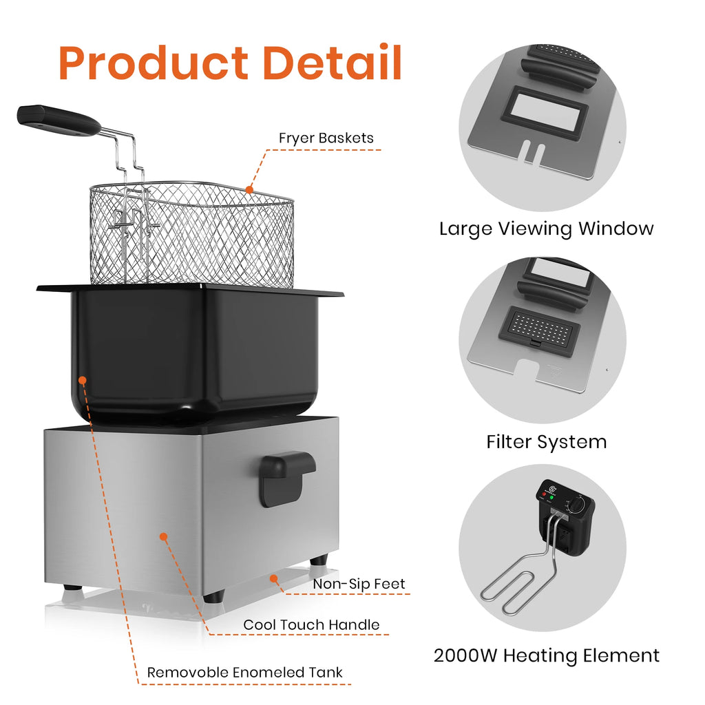 SUPERLEX 2000W Electric Deep Fryers Oil  Adjustable Fried Chicken Grill French Fries Heating Cooker 3L Stainless Steel Fat Fryer