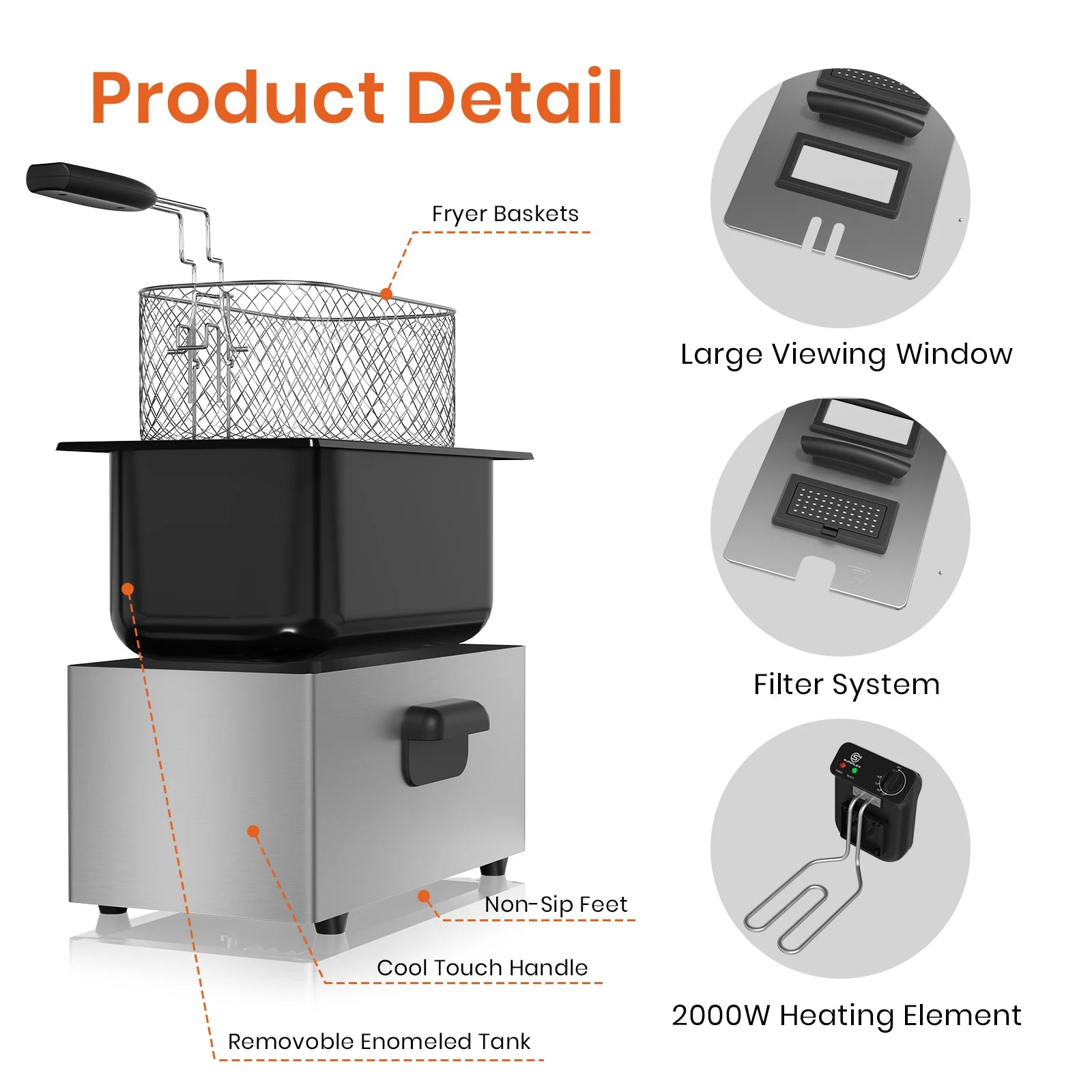 SUPERLEX 2000W Electric Deep Fryers Oil  Adjustable Fried Chicken Grill French Fries Heating Cooker 3L Stainless Steel Fat Fryer