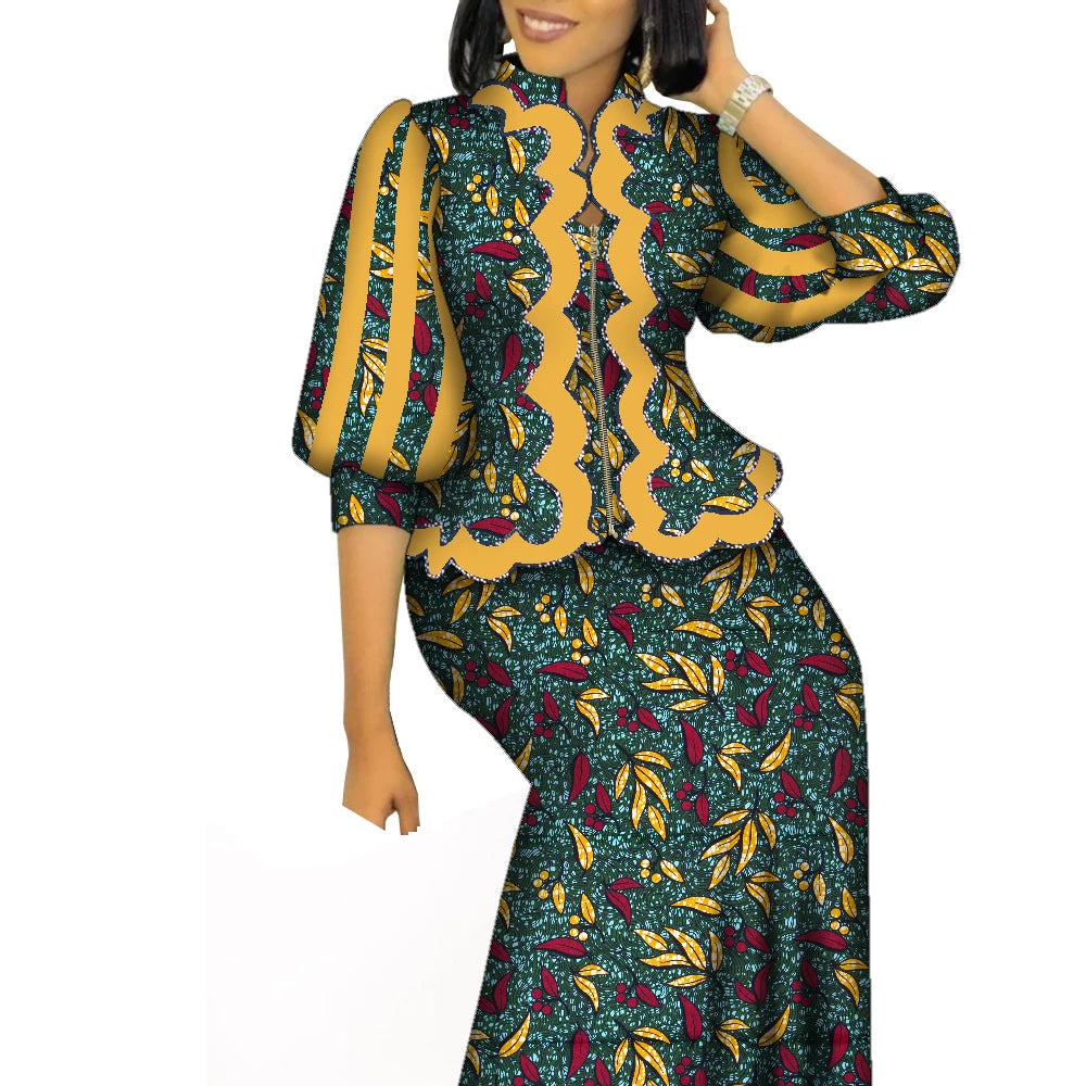 African Outfits for Women Matching 2 Piece Set African Print Puff Sleeve Zipper Top and Long Skirts Suits for Women WY1469