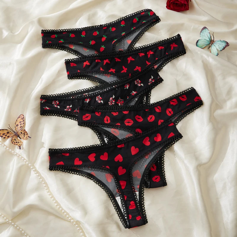 FARDLY 5PCS Valentine's Day Gift Sexy Red Printed Women's Thong Lace Underwear Comfortable Breathable Seamless Panties