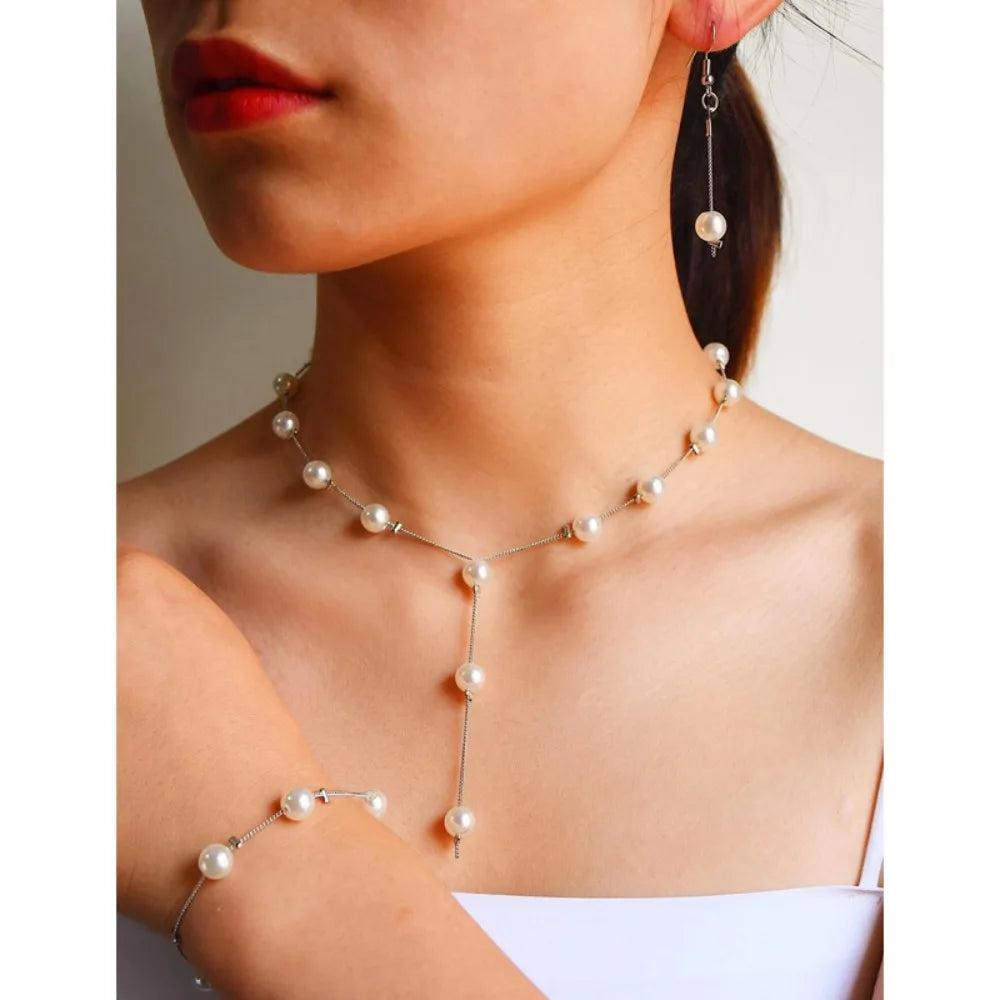 Korea Designer 3pcs set Pearl necklace bracelet earrings set for women Luxury Wedding Bride Exquisite Jewelry Accessories Gift