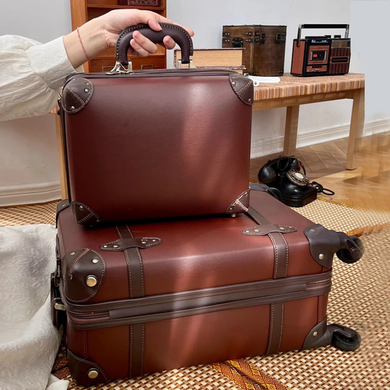 2025 New Vintage Luggage Set 20 inch Boarding Box 28 Inch Large Capacity Suitcase 14'' Cosmetic Case PP+PU Rolling Luggage