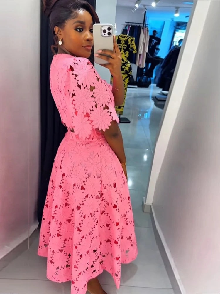 Skirt and Top Two Piece Set Women Sweet Style Appliques Hollow Out Ladies A Line Summer Dress Set Wholesale Dropshipping