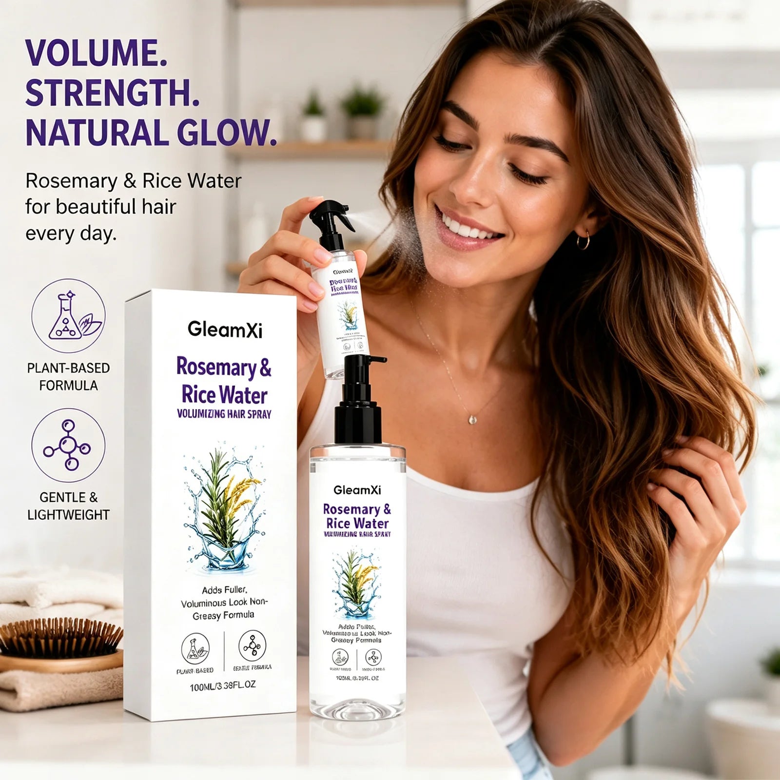 Rice Water Hair Volumizing Spray Rosemary Extract Fuller Look Mist Plant Based Non Greasy Fine Thin Hair Care