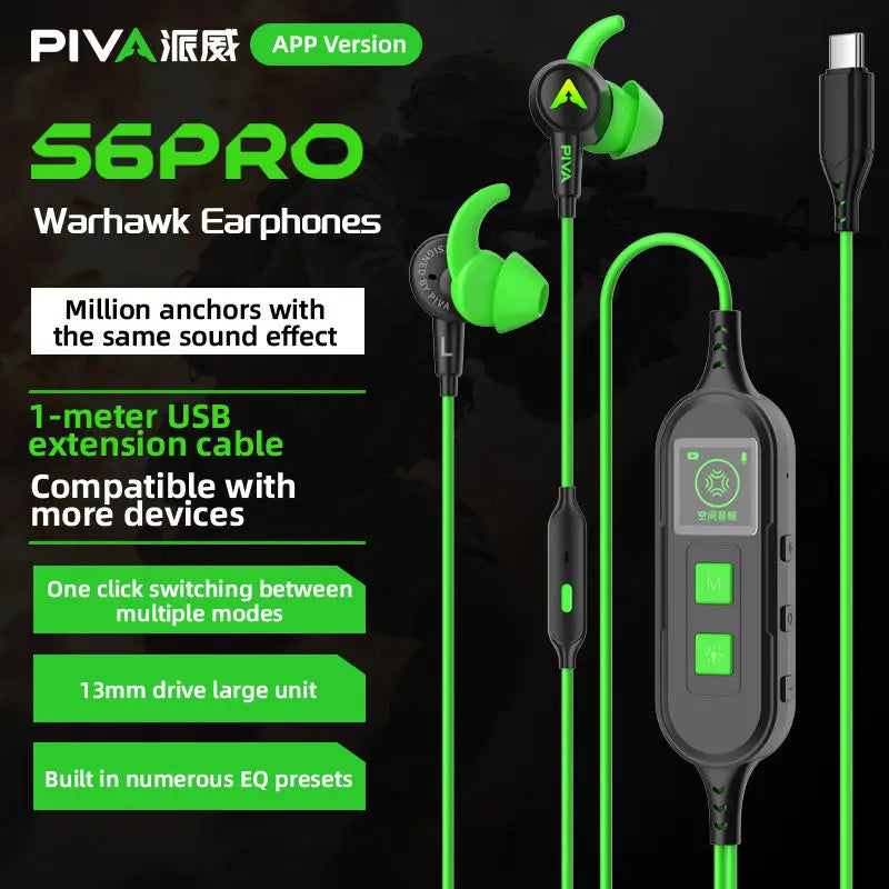 PIVA S6 Pro 13mm Virtual 7.1 Gaming Earphones Type-C 27W PD Fast Charge Built-in Sound Card App for Independent Tuning