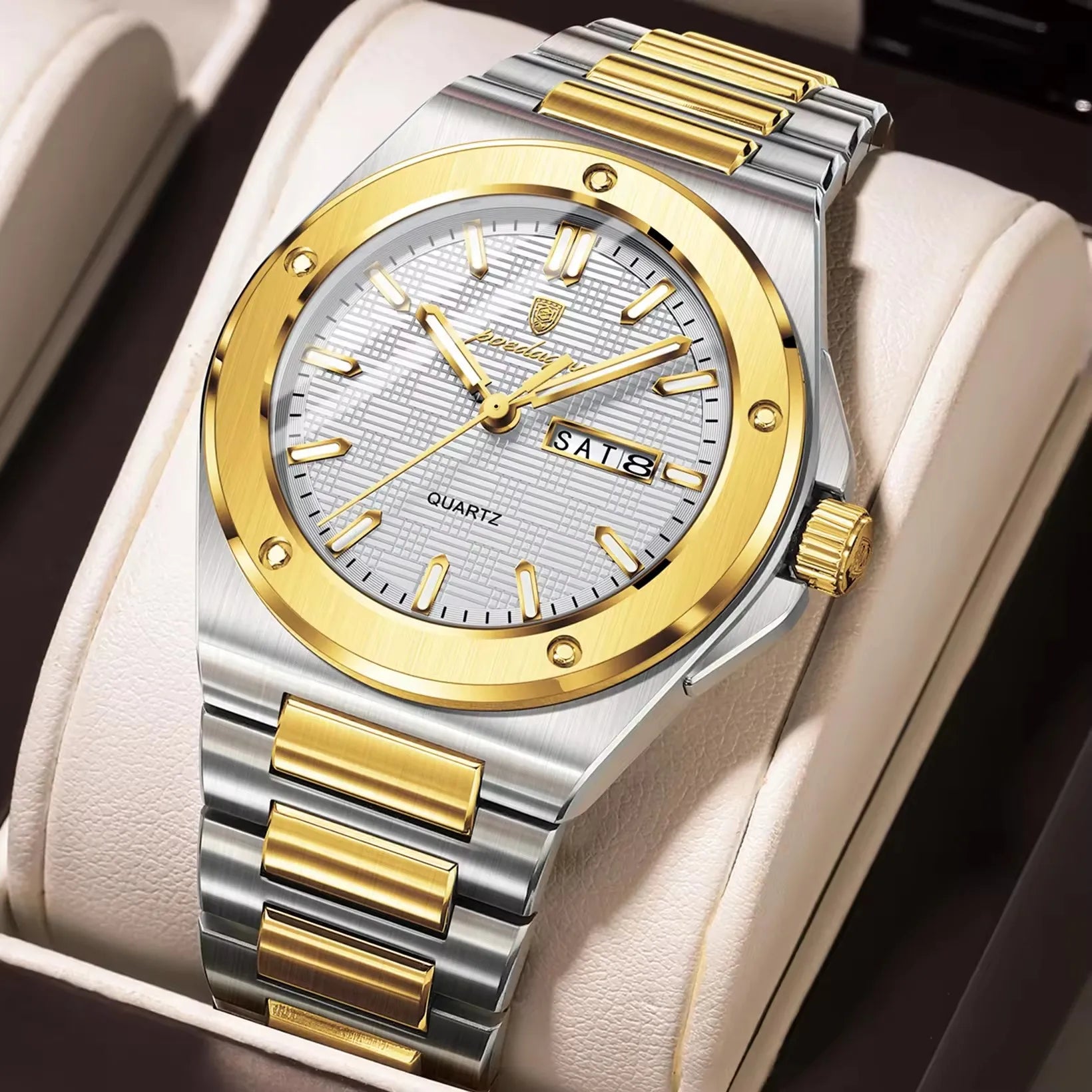 Poedagar 696 Hot Sale Men Stainless Steel Band Quartz Movement Watch Waterproof Fashion Business Luminous Calendar Wristwatch
