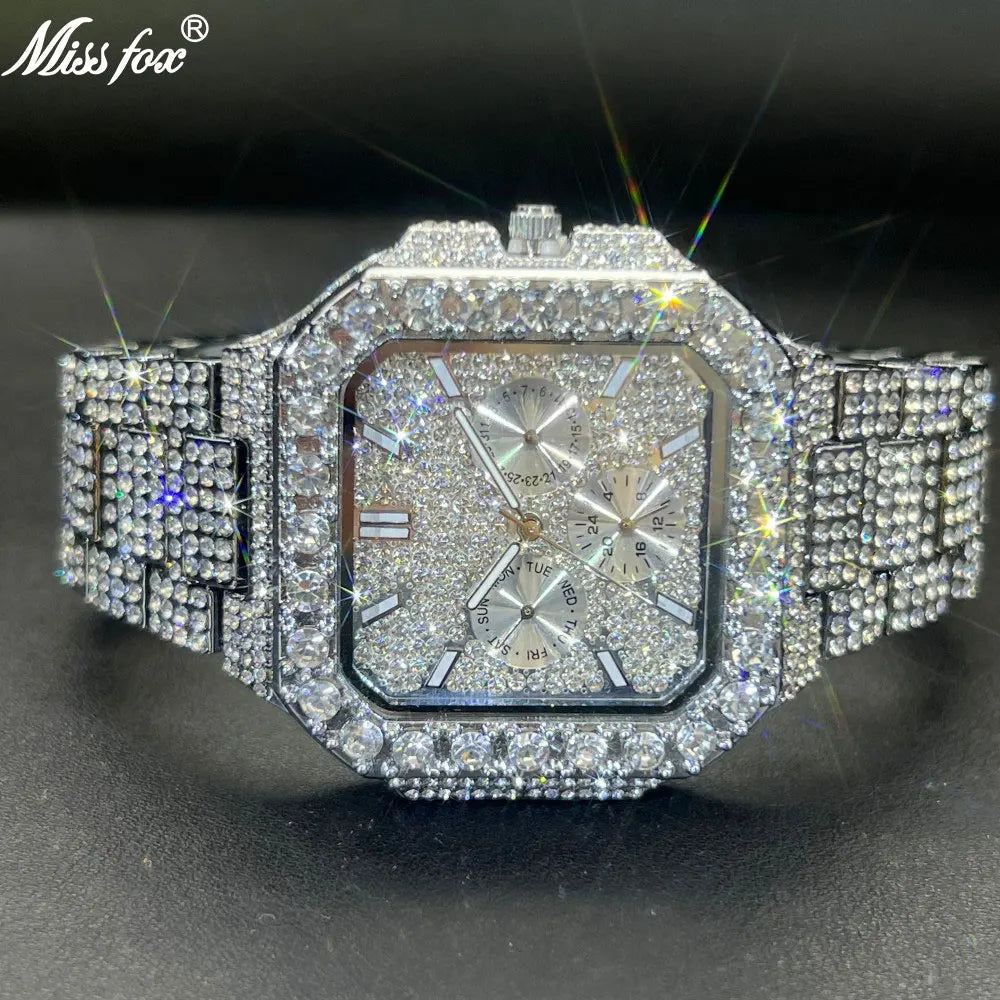 MISSFOX Luxury Diamond Quartz Watch for Men Square Dial Calendar Hip Hop lced Out GoldWristwatch Mens Fashion Accessory 2025